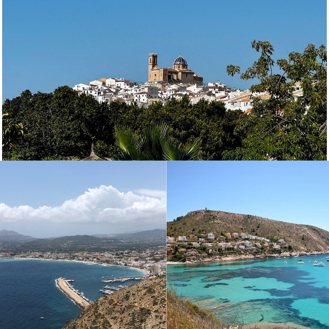 A comparison image of the best Costa Blanca towns: Jávea's sandy beach, Moraira's turquoise cove, and Altea's historic church.