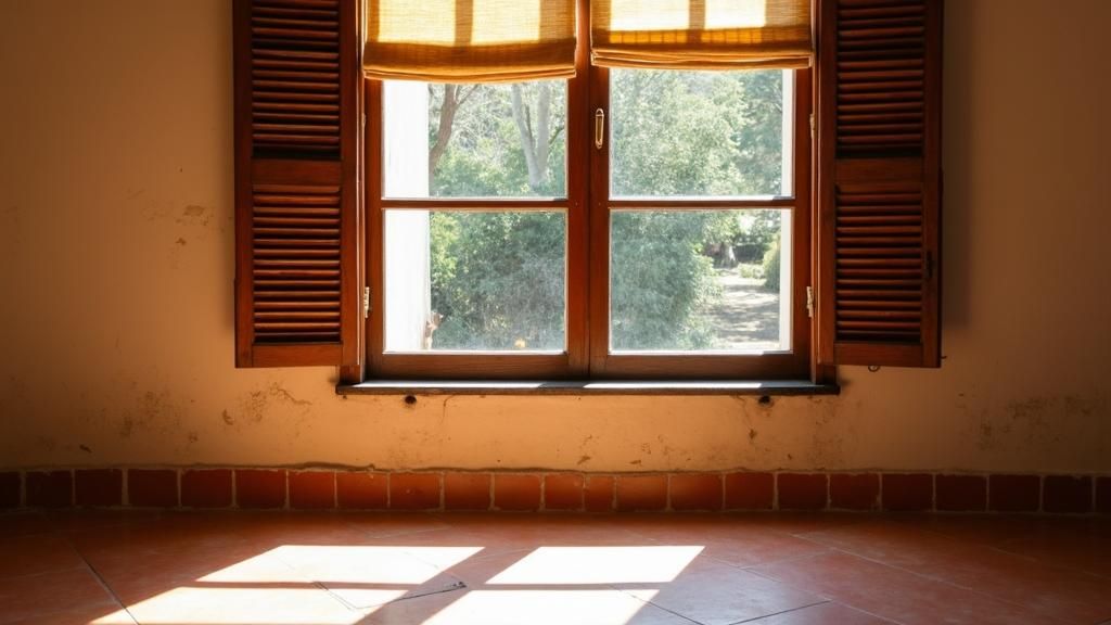 Spanish persiana shutters being closed on a window to keep the house cool from the summer sun.
