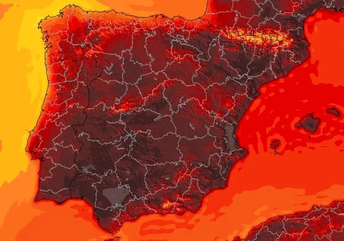 A meteorological map showing a dark red heat dome centered over Spain in August 2025, indicating extreme temperatures.